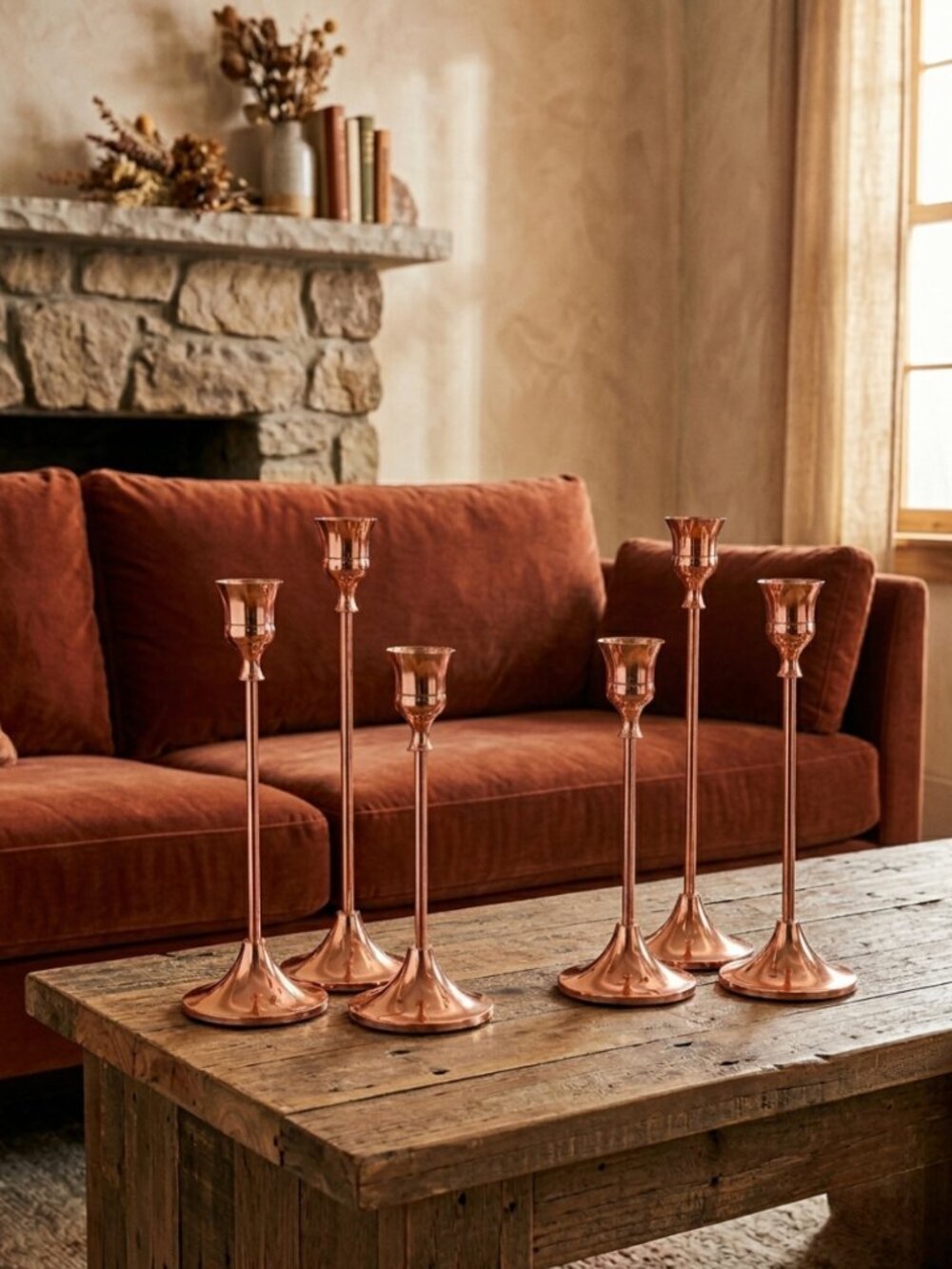 Set of 6 | Rose Gold Taper Candlestick Holders